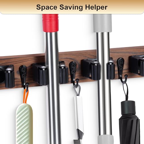 Broom Holder Wall Mount With 5 Slots & 4 Hooks (Brown)