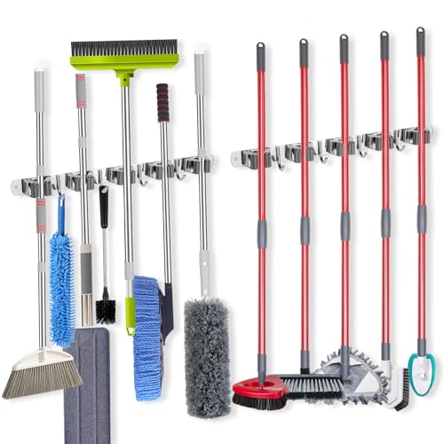 2 Pack] 5 Racks and 4 Hooks Mop and Broom Holder Wall Mount (5 Racks 4 Hooks 2 Packs / Silver)