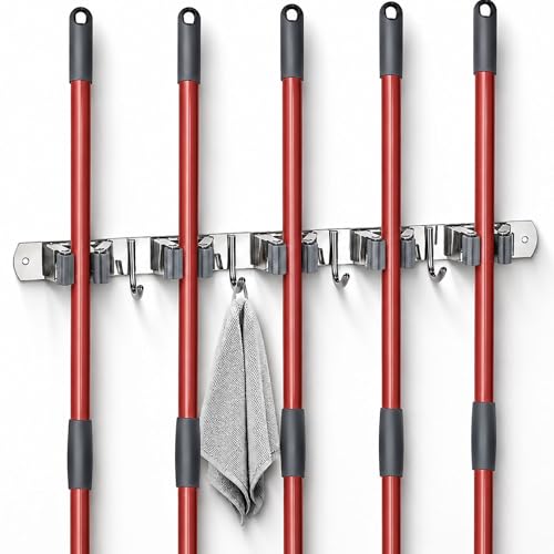 5 Racks and 4 Hooks Mop and Broom Holder Wall Mount (5 Racks 4 Hooks / Silver)
