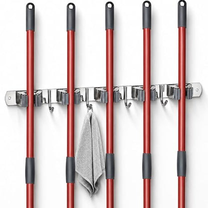 5 Racks and 4 Hooks Mop and Broom Holder Wall Mount (5 Racks 4 Hooks / Silver)
