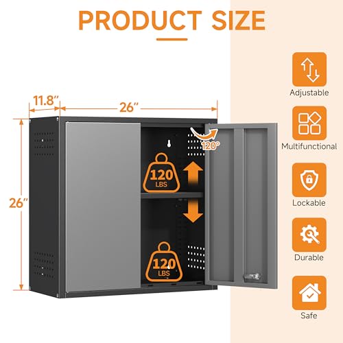 Metal Garage Wall Cabinet with 2 Doors and 1 Adjustable Shelf (Black&gray / 26"H Wall Cabinet(2-Door))