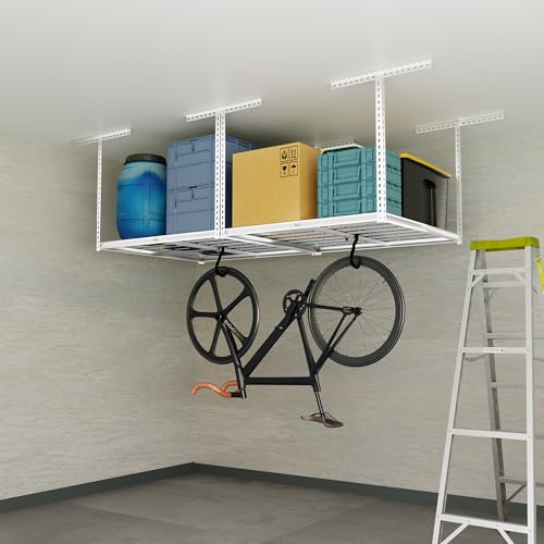 The Atlas 4 x 8 ft Adjustable Height Overhead Garage Storage Rack 900 lbs Heavy Duty Capacity White (900lbs - White)
