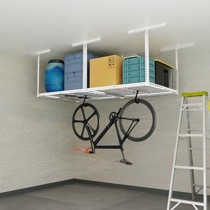 The Atlas 4 x 8 ft Adjustable Height Overhead Garage Storage Rack 900 lbs Heavy Duty Capacity White (900lbs - White)