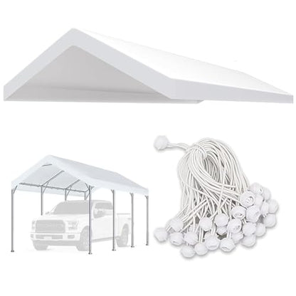 Carport Replacement Canopy Cover for Car Tent Top Garage Shelter Cover Tarp with Ball Bungees (White / 10' x 20')
