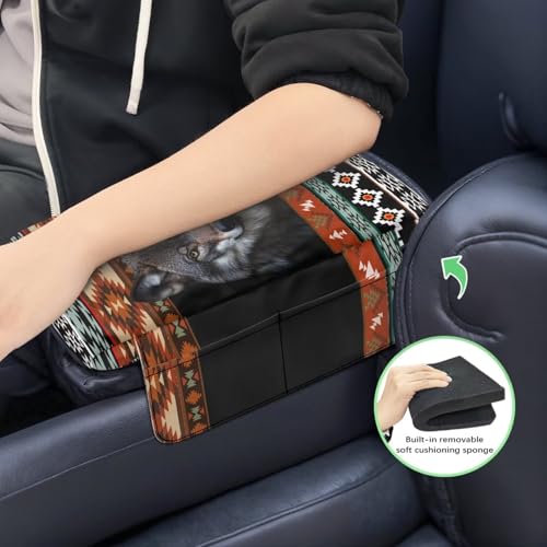 Aztec Wolf Black Car Center Console Cover Scratch Resistant Armrest Seat Box Cover with Organizer Pockets Console Lid Protector Cushion Fit for Most Cars Vehicles SUVs (Aztec Wolf Black)