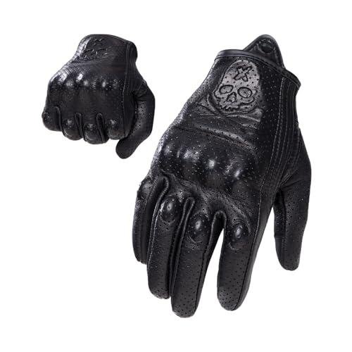 Goatskin Leather Motorcycle Motorbike Powersports Racing Gloves Reflective Skull Touchscreen for Men and Women Model (HEE9 / Large)