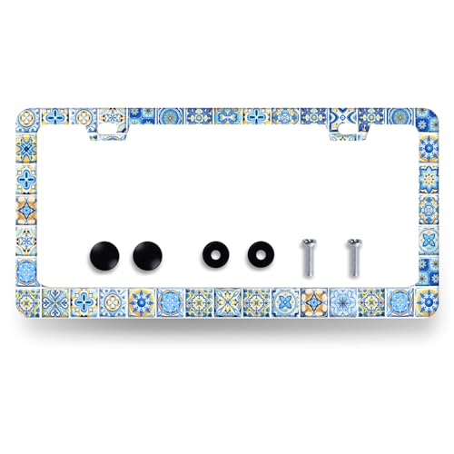 Stainless Steel Blue White Mexican Tiles License Plate Frame 12.2 x 6.2Inch (White and Blue Mexican Tiles)