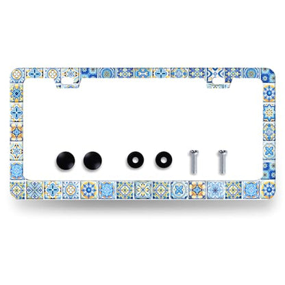Stainless Steel Blue White Mexican Tiles License Plate Frame 12.2 x 6.2Inch (White and Blue Mexican Tiles)