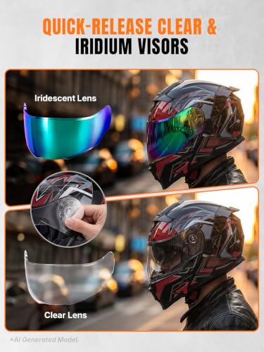 Modular Motorcycle Helmets Full Face Flip up Street Bike Motorcycle Helmet for Unisex Adult Red (Red / Medium)