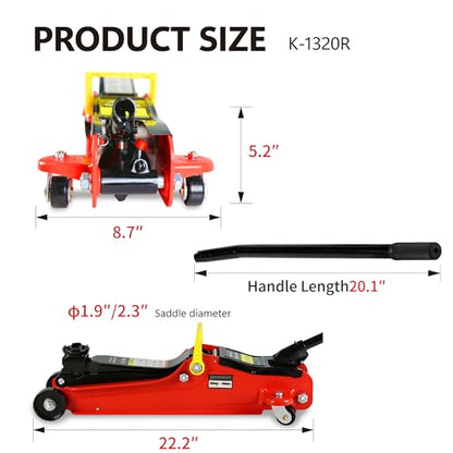 5 Piece Car Truck Floor Jack Service (Red - 2 Ton(Single Pump), Lift 3.3"-15.2" (Floor Jack+2 Jack Stands+Repair Kit+Wrench))