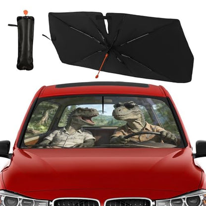 Dinosaur Car Windshield Sun Shade Umbrella Bendable Handle Foldable Funny Dinosaur Animal Driving Sunshade for Car Windshield Block UV Rays Keep Vehicle Cool for Most Sedans SUV Trucks 57"x30" (147*75cm,33*11cm / Dinosaur)
