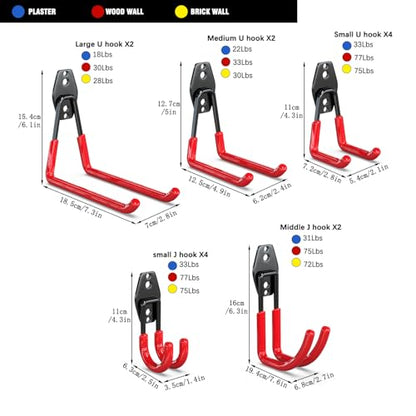 Garage Wall Hooks 14 Pack (Red / 14)