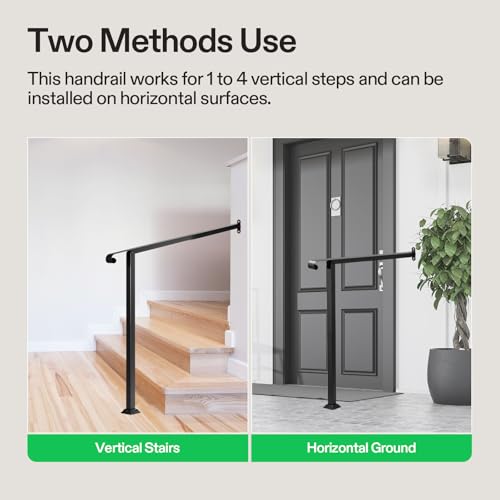 4 Step Stair Handrail 48"x39" Wrought Iron with 1 Curved End Black (Black / 4 Steps)