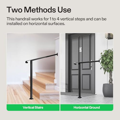 4 Step Stair Handrail 48"x39" Wrought Iron with 1 Curved End Black (Black / 4 Steps)