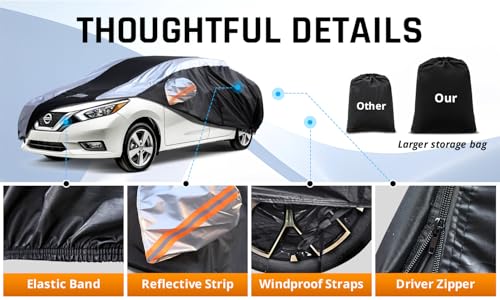 Versa Car Cover Waterproof All Weather with Silver Strip Design (Custom Fit Nissan Versa)