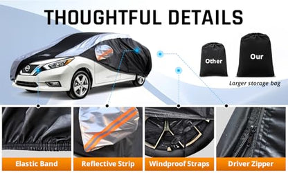 Versa Car Cover Waterproof All Weather with Silver Strip Design (Custom Fit Nissan Versa)