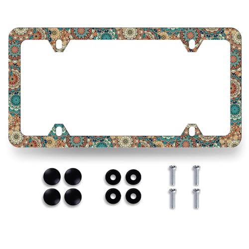 Vintage Mandala Flowers License Plate Frame Floral License Holder with Hole (Vintage Mandala Flower Boho Pattern)
