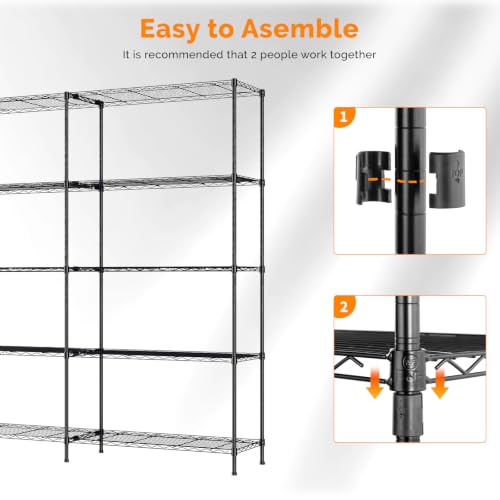 70" W Storage Shelves 1600LBS Heavy Duty Metal Shelving (Black / 69.8"W × 15.8"D × 71"H)