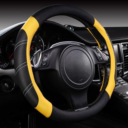 Line Rider Microfiber Leather Sporty Steering Wheel Cover Universal Fits for 95% Truck (Black＆Yellow / Standard[14.5"-15"])