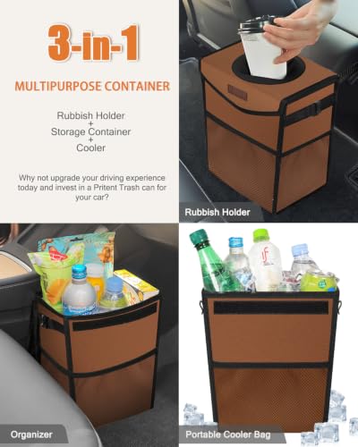 Car Trash Can with Lid Leakproof Car Garbage Bag Vehicle Trash Bin (2 Gallons / Brown)