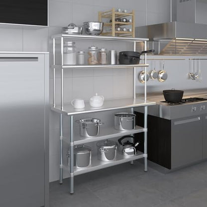Stainless Steel Work Table with 2 Shelves (18" x 48" Table With 2 Shelves + 12" Overshelf)