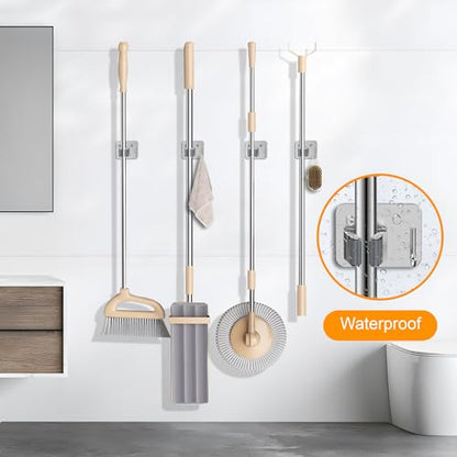 4 Pack Stainless Steel Heavy Duty Broom Holder Wall Mount with Hook (C-Sliver / 4PCS Gripper)