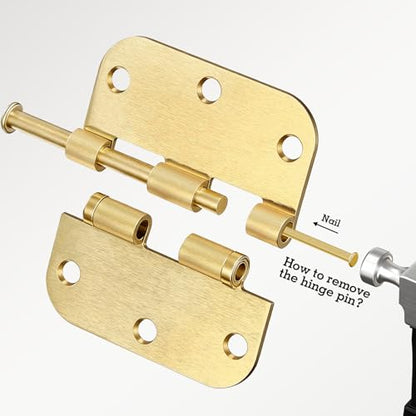 Rounded Door Hinges Brushed Brass 3.5 Inch 5 (Satin Brass-Rounded / 6 Pack-Ball Bearing-lasting no squeak)
