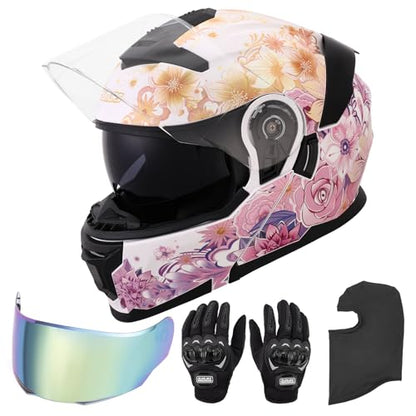 Pink Modular Motorcycle Helmets Full Face Flip up Street Bike Motorcycle Helmet for Unisex Adult Flower Sea (Flower Sea Pink / X-Large)