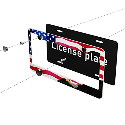 American Flag License Plate Frame American Flag License Plate Holder America Eagle License Plate Frame Covers US Car Tag Frame Stainless Aluminum 2 Pack 2 Holes Decorative 2 Pcs Set for Men (Eagle Flag License Plate Frames / 12.3 x 6.3)