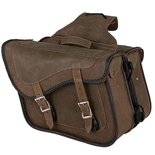 Naked Cowhide Leather Motorcycle Saddle Bags Throw Over Saddlebags (Vintage Brown 26L No Studs & Braided)