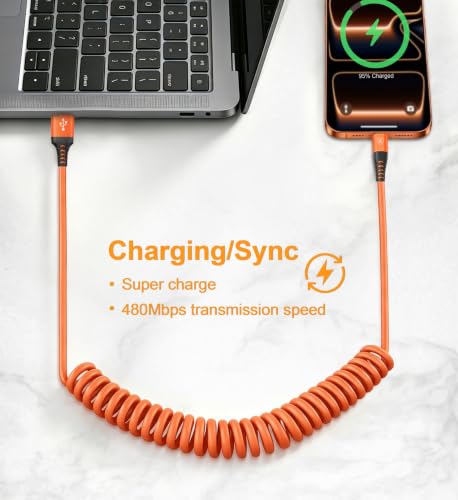 Coiled USB A to USB C Cable for Car [3FT+6FT] (3FT+6FT / Orange)