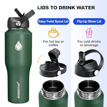Water Bottle Wide Mouth Stainless Steel Vacuum Insulated Double Wall Keep Liquids Cold or Hot All Day (Dark Green / 32 Ounces)
