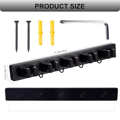 Broom Holder Wall Mount With 5 Slots & 4 Hooks (Black)