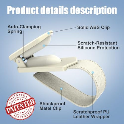 One-Handed-Operation Sunglasses Holder for Car, Visor Sunglass Holder Clip, Car Accessories Interior, Universal Fit Silicone Padded Visor Sunglass Holder Car, Unmatched Durability (2 Pack) (2 Pack / Beige)