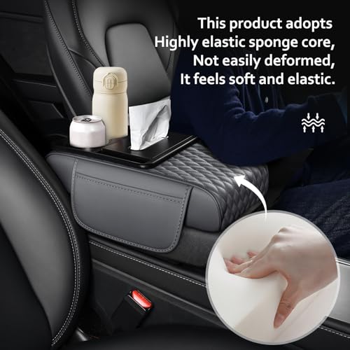 5-in-1 Car Center Console Armrest Cover Pad, Multifunctional Car Arm Rest Organizer with Cup Holder, Tissue Slot & Side Storage Pockets, Soft Leather Auto Armrest Cushion, Grey (Grey)