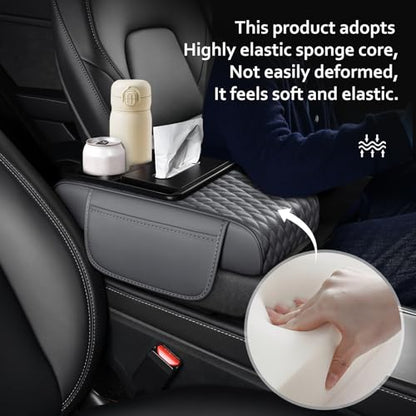 5-in-1 Car Center Console Armrest Cover Pad, Multifunctional Car Arm Rest Organizer with Cup Holder, Tissue Slot & Side Storage Pockets, Soft Leather Auto Armrest Cushion, Grey (Grey)