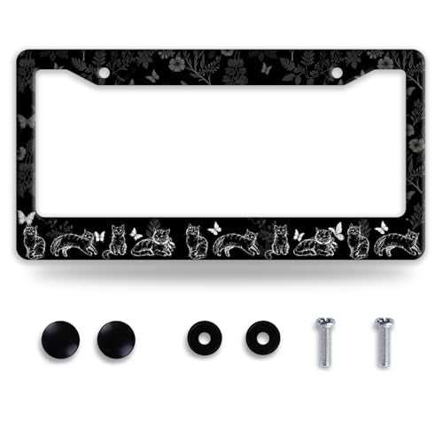 Black White Cats License Plate Frame Stainless Steel Cat License Holder (Cats Butterflies Floral)