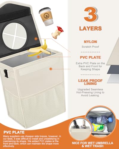 Car Trash Can with Lid Leakproof Car Garbage Bag Vehicle Trash Bin (2.8 Gallons / Beige)