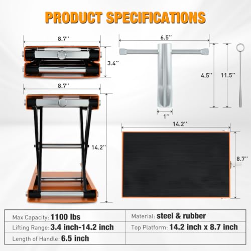 Motorcycle Lift Jack 1100 LBS Scissor Jacks Stand Lift with Wide Deck Safety Pin Handle 3.4" (Orange w Safety Pin)