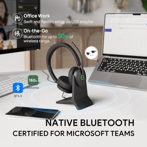 BH74 with Stand ANC Wireless Headset with Microphone for PC (Black (Teams) / BH74 + stand)