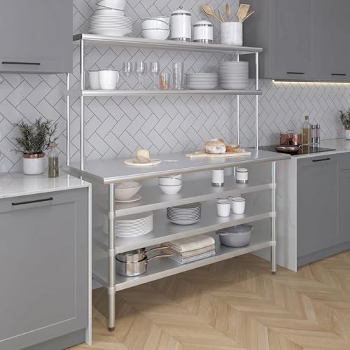 24" x 60" Stainless Steel Work Table with 3 Shelves and 12" Wide Double Tier Overshelf (24" x 60" Table with 3 Shelves + 12" Overshelf)
