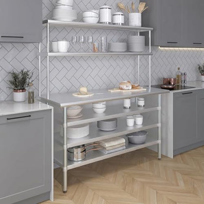 24" x 60" Stainless Steel Work Table with 3 Shelves and 12" Wide Double Tier Overshelf (24" x 60" Table with 3 Shelves + 12" Overshelf)