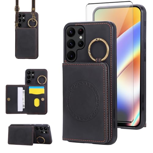 Compatible with Samsung Galaxy S22 Ultra 5G Wallet Case and Screen Protector Crossbody Shoulder Strap Stand Card Holder Magnetic Car Mount Phone Cover for S22ultra 22S S 22 S22ultra5g Women Men Black (Black / for S22 Ultra)