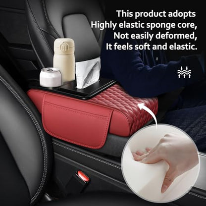 5-in-1 Car Center Console Armrest Cover Pad, Multifunctional Car Arm Rest Organizer with Cup Holder, Tissue Slot & Side Storage Pockets, Soft Leather Auto Armrest Cushion, Black, Claret (Claret)