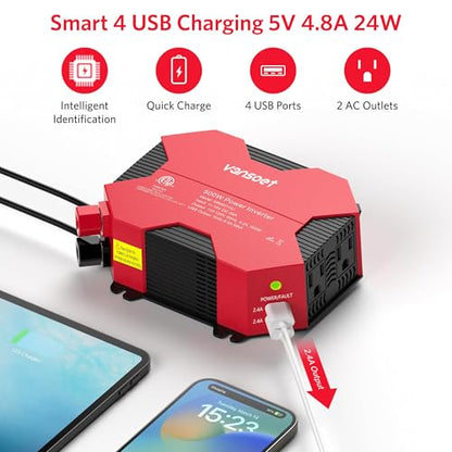 500 Watt Car Power Inverter DC 12V to AC 110V Car Plug Inverter Adapter Power Converter with 4 USB Charging Ports and 2 AC Outlets Car Charger