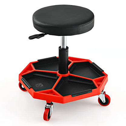 Rolling Mechanic Stool with Removable Tool Tray & Padded Cushion (Bottom Tool Tray / Red)