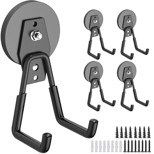 4Pcs Heavy Duty Storage Magnetic Utility Hooks Large Garage Strong Extra Magnet Hooks Hanger with Anti (2.6in Magnet-4 Pack-Black)