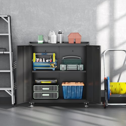 34" Metal Garage Storage Cabinet with Wheels (Black / 34.3"H Tool Cabinet(2-Door))