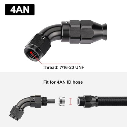 4AN 60 Degree PTFE One Piece Full Flow End Hose Fitting Aluminum Black (4AN / 60 Degree)