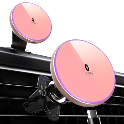 for Magsafe Car Mount Charger 15W LED RGB Car Phone Holder for Dash Vent (Pink)